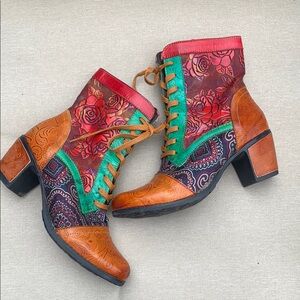 Colorful Floral Ankle Boots Mix media Side Zip